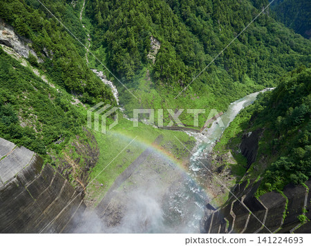 Summer tourist attraction Tateyama Kurobe Alpine Route tourist water release scenery of Kurobe Dam Summer tourist attraction Tateyama Kurobe Alpine Route tourist water release scenery of Kurobe Dam 141224693