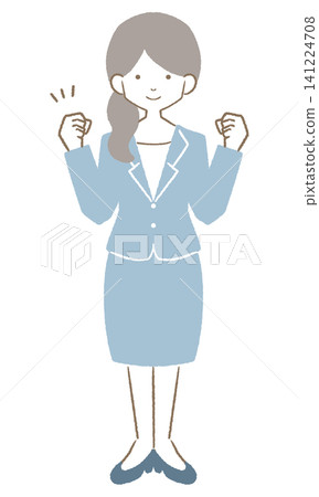 New female employee strikes victory pose in full blue suit New female employee strikes victory pose in full blue suit 141224708