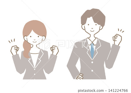 新來的男女員工擺出勝利姿勢,露出上半身,穿著灰色西裝。 新來的男女員工擺出勝利姿勢,露出上半身,穿著灰色西裝。 141224766