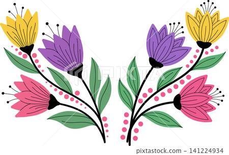 Watercolor Tulips Bouquet with Green Leaves and Dots in Flat Illustration design Watercolor Tulips Bouquet with Green Leaves and Dots in Flat Illustration design 141224934