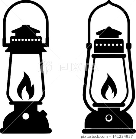 Two kettles with flames underneath on a flat base in silhouette design 141224937