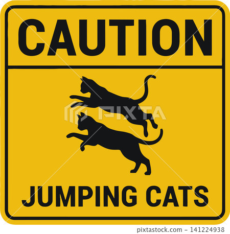 Cats leaping mid-air on a bright yellow caution Jumping Cats warning sign 141224938