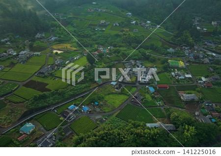 An aerial photograph overlooking the village and tea plantations of Tanoguchi, Shizuoka Prefecture. An aerial photograph overlooking the village and tea plantations of Tanoguchi, Shizuoka Prefecture. 141225016