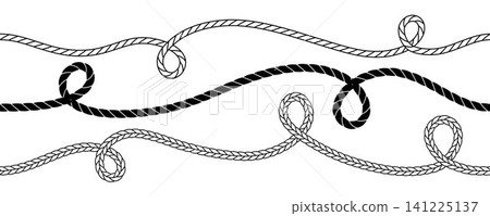 Repeated wavy rope pattern collection. Tangled chain, wire or yarn string tie pack. Repeating squiggle curve thread stripe set. Loopable hemp cord motif bundle. Wiggly braid twine plait loops. Vector Repeated wavy rope pattern collection. Tangled chain, wire or yarn string tie pack. Repeating squiggle curve thread stripe set. Loopable hemp cord motif bundle. Wiggly braid twine plait loops. Vector 141225137