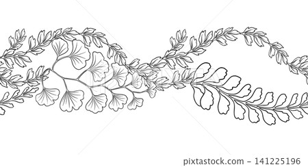 Fern leaf curved seamless border in line art style. Hand drawn black and white botanical element with textured foliage. Perfect for decorative woodland natural template and sustainable designs. 141225196