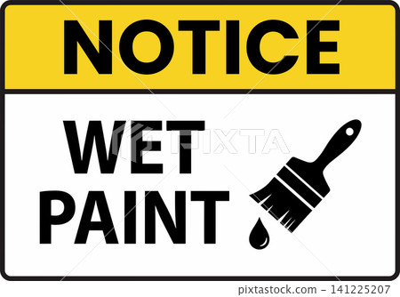 Warning Sign for Wet Paint with Dripping Brush Illustration on Yellow Background 141225207