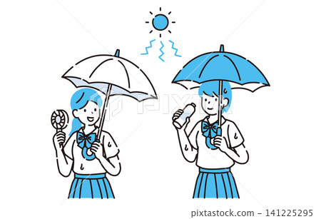 夏日里,兩個人撐著遮陽傘,拿著便攜式風扇,喝著飲料消暑。 夏日里,兩個人撐著遮陽傘,拿著便攜式風扇,喝著飲料消暑。 141225295