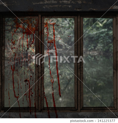A close-up view of a dirty, weathered window frame covered in realistic blood splatters and streaks, looking out onto a dark, mysterious, and ominous forest background. Halloween background A close-up view of a dirty, weathered window frame covered in realistic blood splatters and streaks, looking out onto a dark, mysterious, and ominous forest background. Halloween background 141225377
