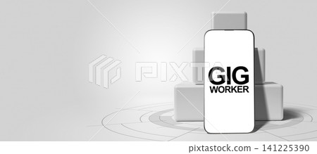 Smartphone displaying the text "GIG WORKER" on its screen, set against a minimalist white block backdrop with copy space Smartphone displaying the text "GIG WORKER" on its screen, set against a minimalist white block backdrop with copy space 141225390