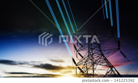 Silhouette of a high voltage electricity pylon with glowing blue digital light beams on power lines against a dramatic colorful sunset sky. Concept of smart grid and future energy Silhouette of a high voltage electricity pylon with glowing blue digital light beams on power lines against a dramatic colorful sunset sky. Concept of smart grid and future energy 141225392