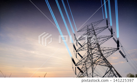 Silhouette of a high voltage electricity pylon with glowing blue digital light beams on power lines against a dramatic colorful sunset sky. Concept of smart grid and future energy 141225397