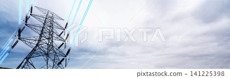A high voltage electricity pylon with blue digital glowing energy lines under a cloudy sky, representing smart grid technology and power transmission A high voltage electricity pylon with blue digital glowing energy lines under a cloudy sky, representing smart grid technology and power transmission 141225398