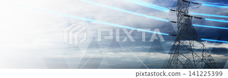 Abstract conceptual banner featuring a high voltage electricity pylon with glowing blue digital beams against a cloudy sky, representing smart grid energy transmission 141225399