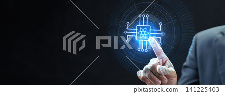 A professional businessman touching a glowing digital hologram representing a quantum processor chip, symbolizing advanced computing, artificial intelligence, and future technology A professional businessman touching a glowing digital hologram representing a quantum processor chip, symbolizing advanced computing, artificial intelligence, and future technology 141225403