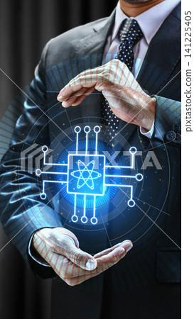 A business professional in a suit holding a glowing blue quantum processor digital interface symbol in their hands, representing advanced technology, innovation, and computing solutions A business professional in a suit holding a glowing blue quantum processor digital interface symbol in their hands, representing advanced technology, innovation, and computing solutions 141225405