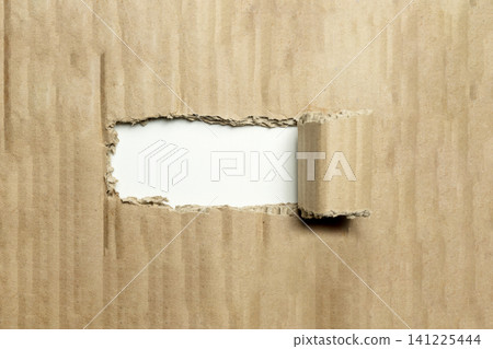 A torn sheet of brown corrugated cardboard with a rolled-back section, revealing a clean white background suitable for copy space and custom text A torn sheet of brown corrugated cardboard with a rolled-back section, revealing a clean white background suitable for copy space and custom text 141225444