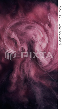 Smoke wave. Paint mix. Purple shimmering smog art fluid swirl liquid abstract black background. Blur flow spill galaxy haze curl stream. 141225470