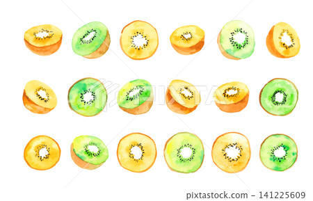 Watercolor gold and green kiwi frame, line, and pattern set (hand-painted, summer, fruit) Watercolor gold and green kiwi frame, line, and pattern set (hand-painted, summer, fruit) 141225609
