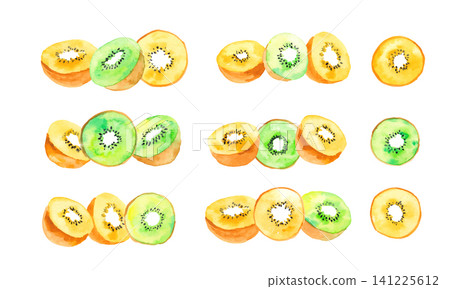 Watercolor gold and green kiwi frame, line, and pattern set (hand-painted, summer, fruit) Watercolor gold and green kiwi frame, line, and pattern set (hand-painted, summer, fruit) 141225612