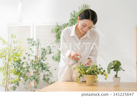 A woman holding a foliage plant A woman holding a foliage plant 141225647