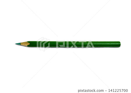 Single sharpened green color pencil lying horizontally, isolated on white background. Perfect for education, creativity, school supplies, art, and office stationery Single sharpened green color pencil lying horizontally, isolated on white background. Perfect for education, creativity, school supplies, art, and office stationery 141225700