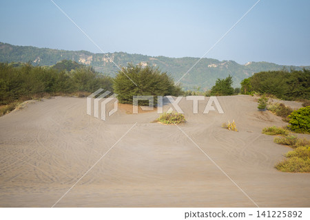 A scenic view of rolling sand dunes dotted with green bushes, set against a background of lush hills and a clear sky 141225892