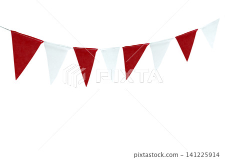 Festive red and white triangular pennant bunting garland isolated on a plain white background Festive red and white triangular pennant bunting garland isolated on a plain white background 141225914