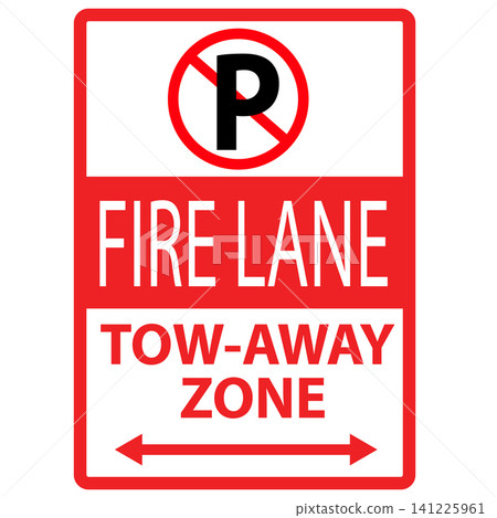 Fire lane tow away zone. No parking fire zone logo. Fire route symbol. Parking sign. flat style. 141225961