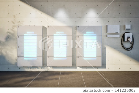 Group of home batteries or energy storage systems in garage Group of home batteries or energy storage systems in garage 141226002