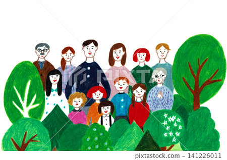 A warm, analog illustration depicting a forest, many people, diversity, and family. A warm, analog illustration depicting a forest, many people, diversity, and family. 141226011