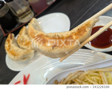 A delicious-looking, perfectly browned pan-fried dumpling, picked up with chopsticks. A delicious-looking, perfectly browned pan-fried dumpling, picked up with chopsticks. 141226100