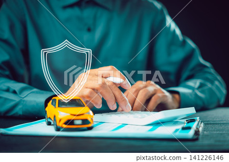 Professional agent uses calculator for car insurance investment, transport protection service provides vehicle safety care and finance assurance with yellow toy car on clipboard Professional agent uses calculator for car insurance investment, transport protection service provides vehicle safety care and finance assurance with yellow toy car on clipboard 141226146