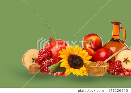 Colorful fruits, honey, and sunflowers brighten the green Colorful fruits, honey, and sunflowers brighten the green 141226330