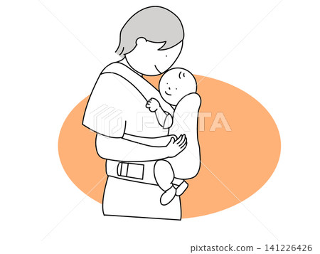 An illustration of a mother and baby being carried in a baby carrier. An illustration of a mother and baby being carried in a baby carrier. 141226426