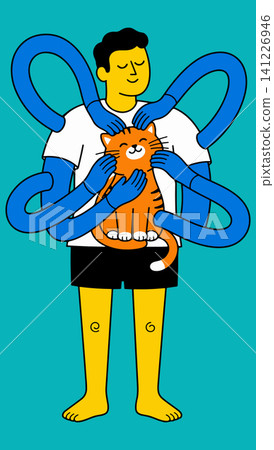 Man being hugged by multiple blue arms while holding a cat Man being hugged by multiple blue arms while holding a cat 141226946