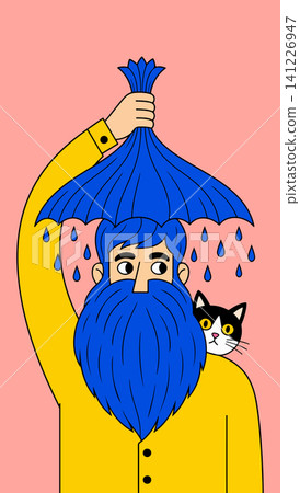 Man and Cat Under a Blue Umbrella Man and Cat Under a Blue Umbrella 141226947
