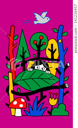 Child Peeking from Behind a Leaf in a Colorful Forest Child Peeking from Behind a Leaf in a Colorful Forest 141226957