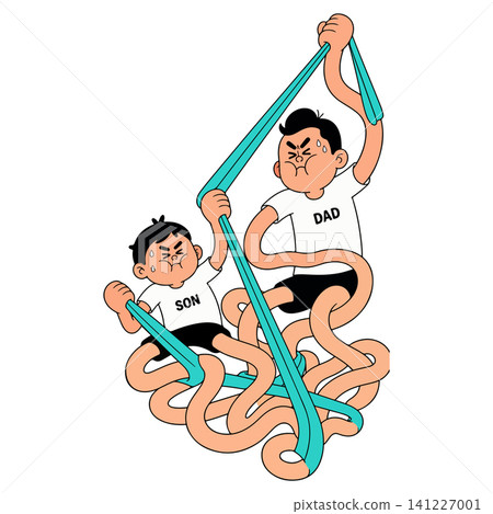 Father and Son Struggling with Resistance Bands Father and Son Struggling with Resistance Bands 141227001