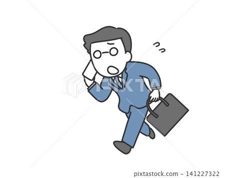 A man in a suit running frantically with his smartphone in his hand. A man in a suit running frantically with his smartphone in his hand. 141227322