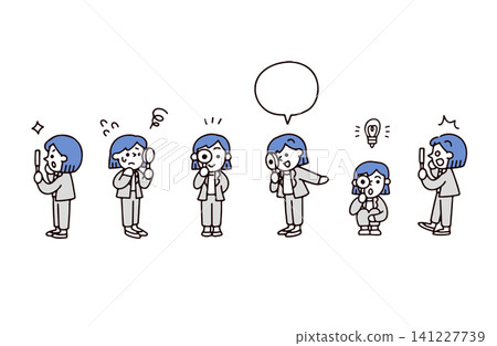 一組插圖，描繪了一位身穿西裝的年輕女子正在使用放大鏡進行檢查和調查。 141227739