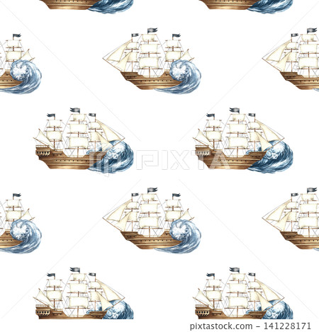 Seamless pattern with sailing ships on the waves. Hand-drawn watercolor illustrations. Perfect for textiles, wrapping paper, packaging, backgrounds, and more. Seamless pattern with sailing ships on the waves. Hand-drawn watercolor illustrations. Perfect for textiles, wrapping paper, packaging, backgrounds, and more. 141228171