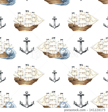 Seamless pattern with sailing ships and anchors. Hand-drawn watercolor illustrations. Perfect for textiles, wrapping paper, packaging, backgrounds, and more. Seamless pattern with sailing ships and anchors. Hand-drawn watercolor illustrations. Perfect for textiles, wrapping paper, packaging, backgrounds, and more. 141228173