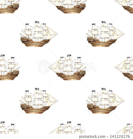Seamless pattern with sailing ships. Hand-drawn watercolor illustrations. Perfect for textiles, wrapping paper, packaging, backgrounds, and more. Seamless pattern with sailing ships. Hand-drawn watercolor illustrations. Perfect for textiles, wrapping paper, packaging, backgrounds, and more. 141228176