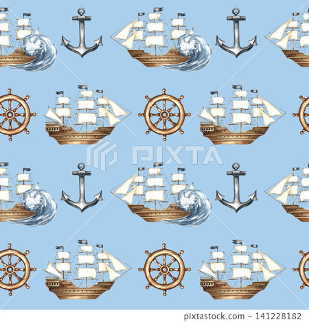 Seamless pattern with sailing ships, anchors, and ship's wheels. Hand-drawn watercolor illustrations. On a blue background. Perfect for textiles, wrapping paper, packaging, backgrounds, and more. Seamless pattern with sailing ships, anchors, and ship's wheels. Hand-drawn watercolor illustrations. On a blue background. Perfect for textiles, wrapping paper, packaging, backgrounds, and more. 141228182