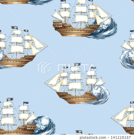 Seamless pattern with sailing ships on the waves. Hand-drawn watercolor illustrations. On a blue background. Perfect for textiles, wrapping paper, packaging, backgrounds, and more. Seamless pattern with sailing ships on the waves. Hand-drawn watercolor illustrations. On a blue background. Perfect for textiles, wrapping paper, packaging, backgrounds, and more. 141228187