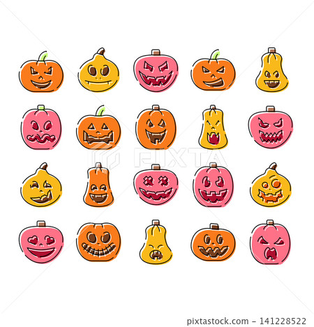 Halloween pumpkins various faces cartoon doodle set Halloween pumpkins various faces cartoon doodle set 141228522