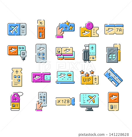 Air travel planning and flight booking icons Air travel planning and flight booking icons 141228628