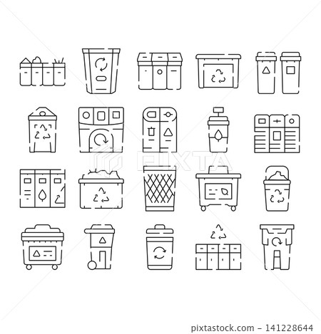 Recycling bin container waste garbage icons set Recycling bin container waste garbage icons set 141228644