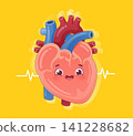 Cute Healthy Human Heart Cartoon with Normal Heartbeat Illustration 141228682