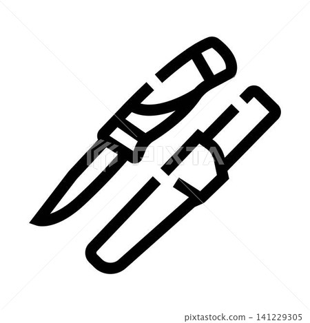 Traditional outdoor knife with scabbard line icon Traditional outdoor knife with scabbard line icon 141229305
